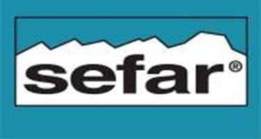 Sefar logo with registered trademark symbol on turquoise background with white banner shape